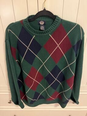 Dockers Argyle Sweater Men’s M Green Burgundy Navy 100% Cotton Preppy V Neck